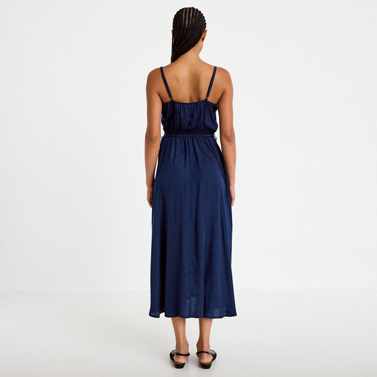 Robe longue &eacute;vas&eacute;e col v bretelles bleu marine femme