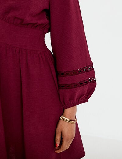 Robe courte &eacute;vas&eacute;e col v manches 3/4 bordeaux femme