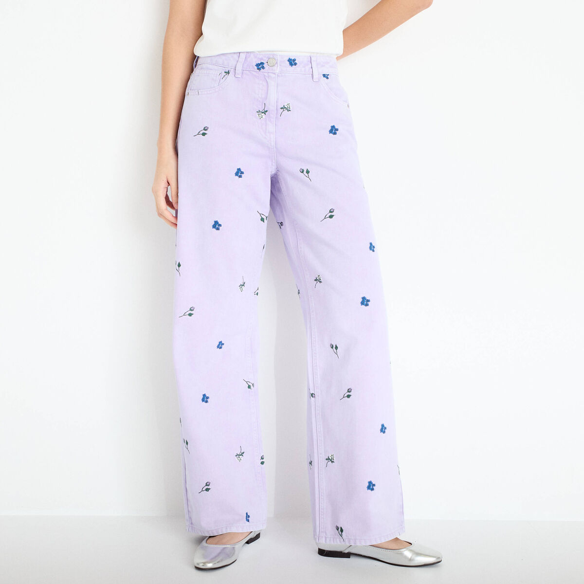 Jean wide leg brod&eacute; Bridgerton mauve femme