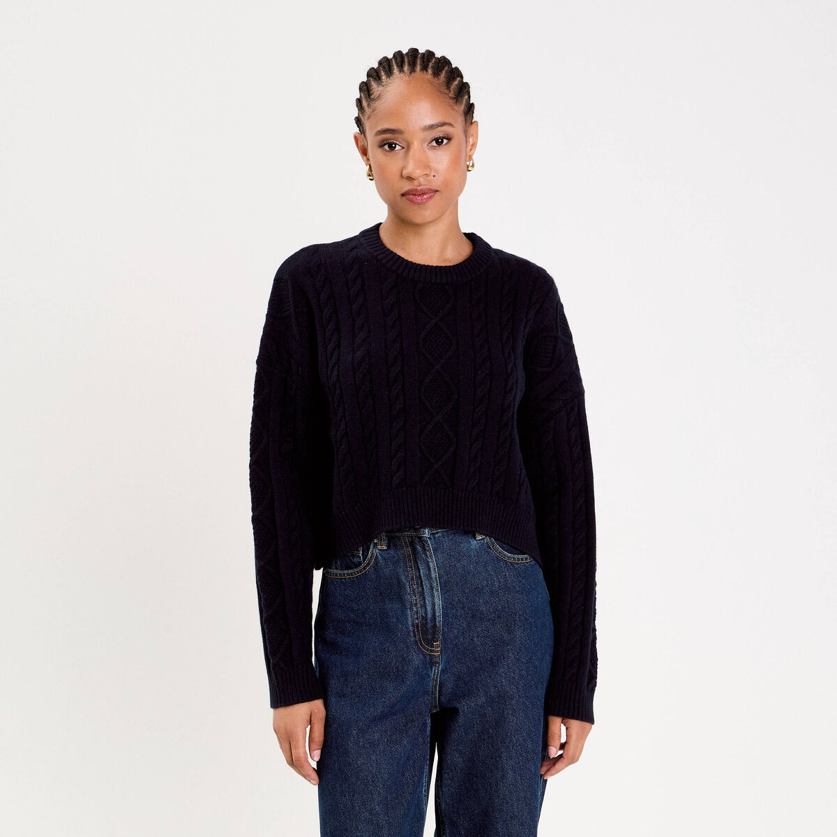 Pull avec torsades bleu marine femme