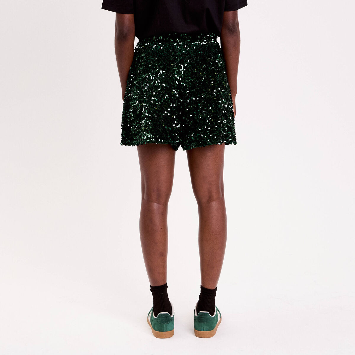 Short flare &agrave; sequins brillants vert fonc&eacute; femme