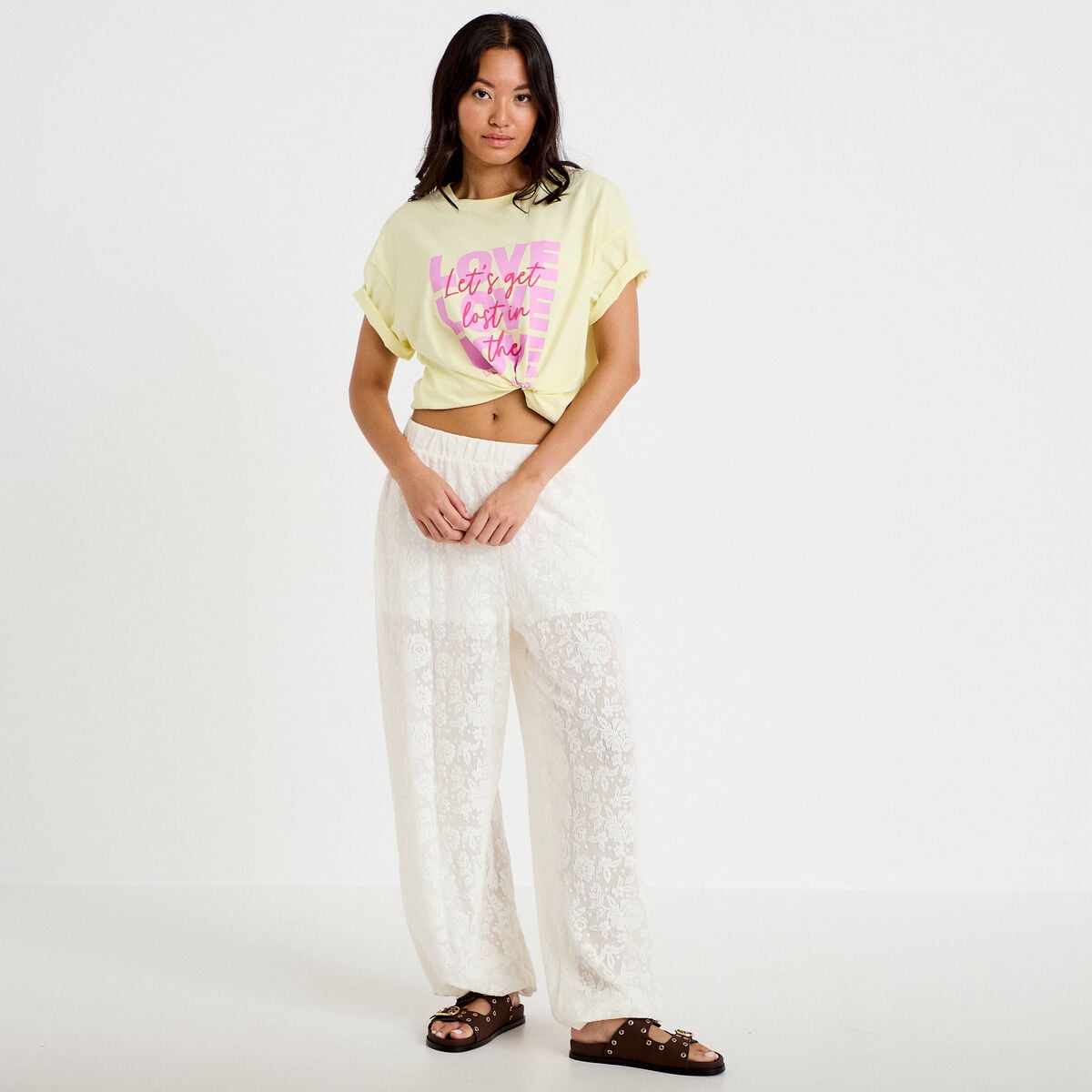 T-shirt boyfriend manches courtes jaune clair femme