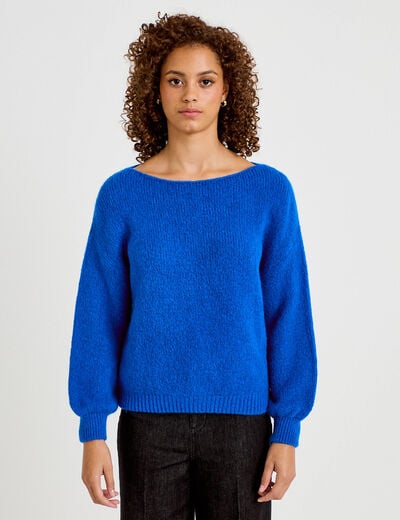 Pull ample col bateau manches longues bleu electrique femme