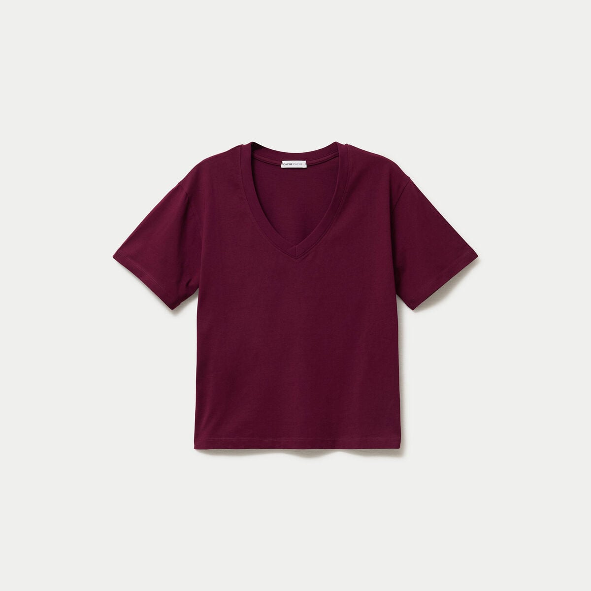 T-shirt col v manches courtes bordeaux femme