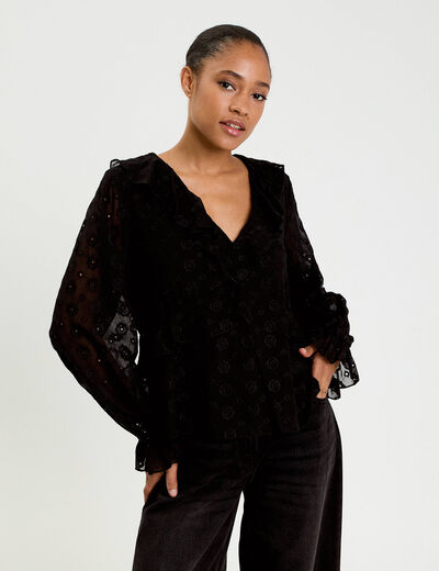 Blouse droite courte manches longues noir femme