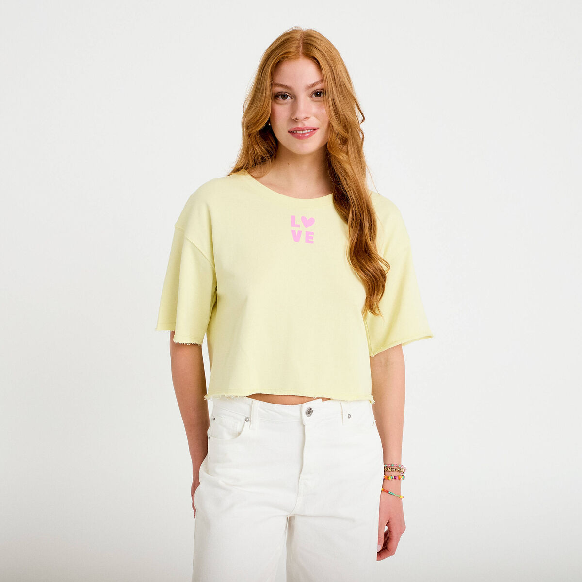 Sweat oversize cropped col rond jaune clair femme