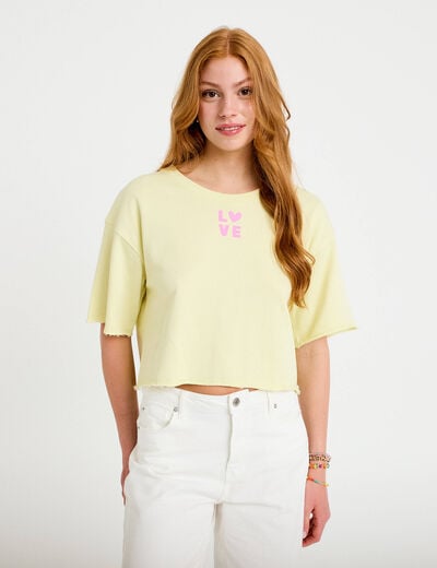 Sweat oversize cropped col rond jaune clair femme