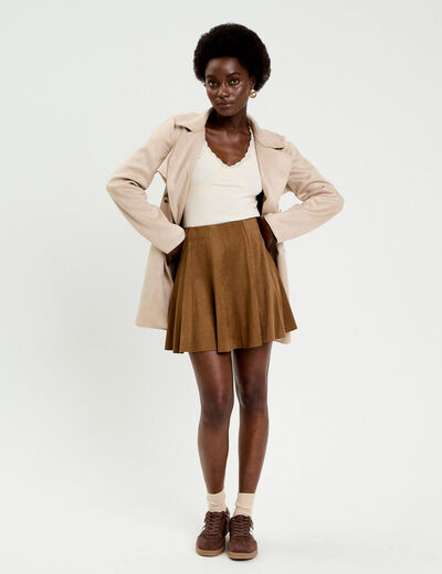 Jupe courte &eacute;vas&eacute;e aspect daim marron fonc&eacute; femme