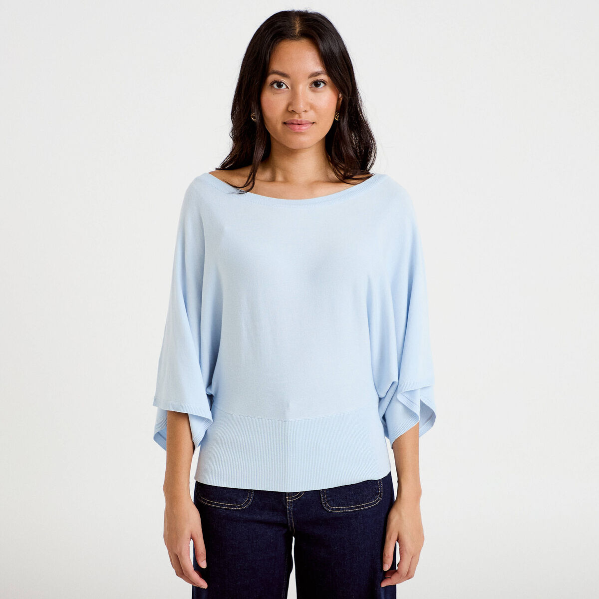 Pull ample manches courtes col rond bleu ciel femme