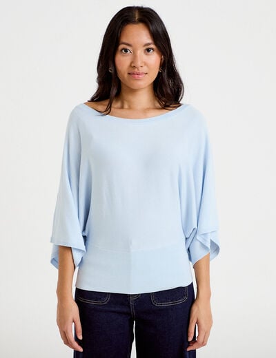 Pull ample manches courtes col rond bleu ciel femme