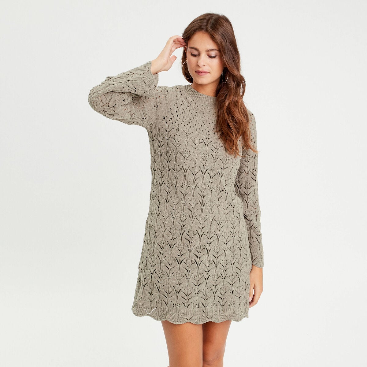Robe tricot &eacute;vas&eacute;e ajour&eacute;e vert kaki femme