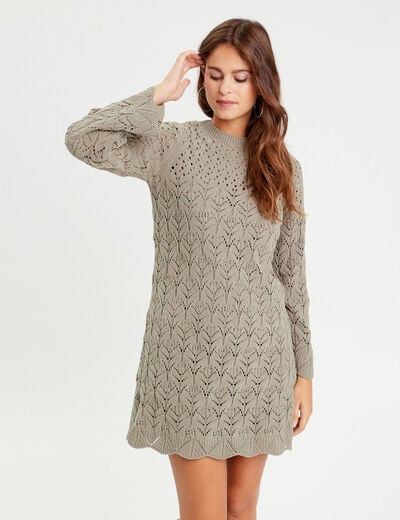 Robe tricot &eacute;vas&eacute;e ajour&eacute;e vert kaki femme