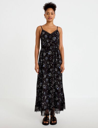 Robe longue &eacute;vas&eacute;e col v dentelle noir femme