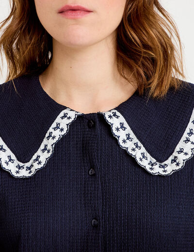 Blouse broderie manches longues bleu marine femme