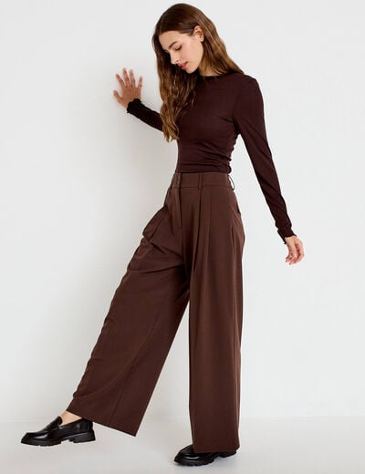 Pantalon large &agrave; pinces marron femme