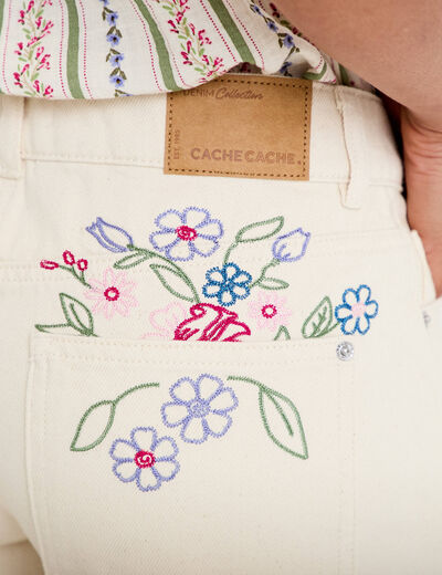 Short en jean avec broderie ecru femme