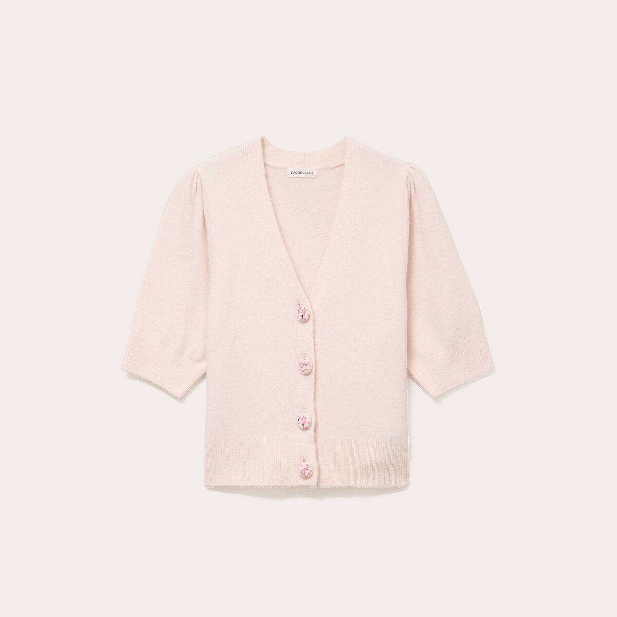 Pull manches courtes boutons brod&eacute;s rose clair femme