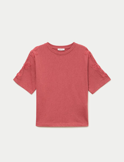 T-shirt col rond manches courtes brod&eacute; vieux rose femme