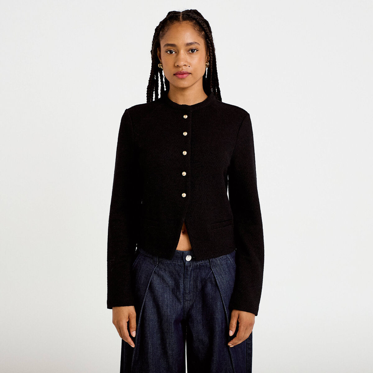 Veste tweed droite cropped col rond noir femme