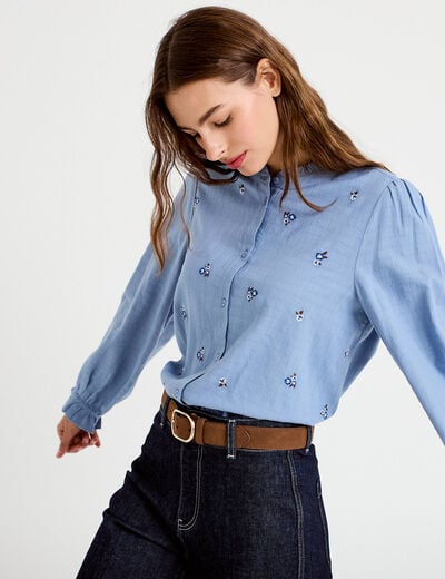 Blouse droite courte col v broderie bleu femme
