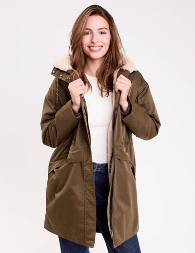 Parka droite mi-longue &agrave; capuche vert kaki femme