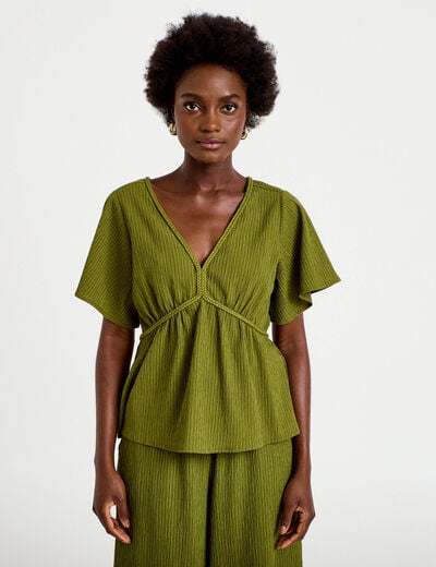 Blouse pliss&eacute;e col v manches courtes vert kaki femme