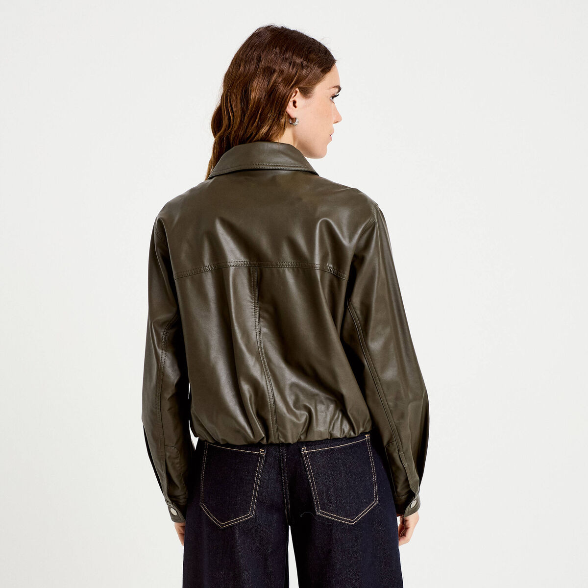 Veste effet boule manches longues vert kaki femme