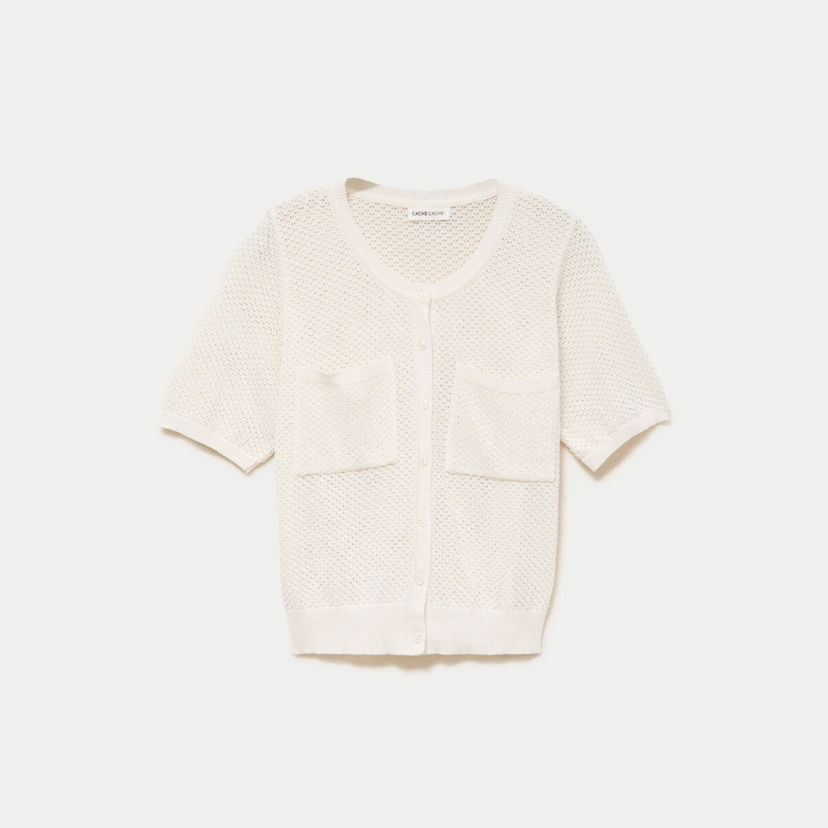 Gilet ajour&eacute; col rond manches courtes ecru femme