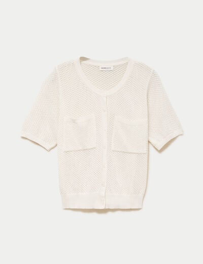 Gilet ajour&eacute; col rond manches courtes ecru femme