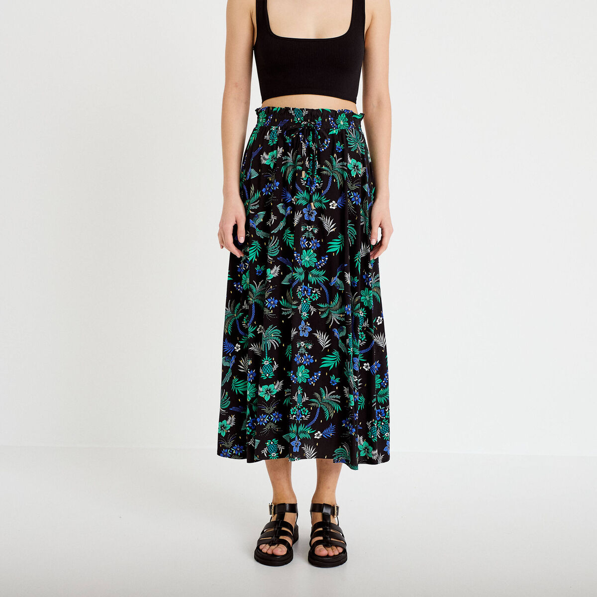 Jupe longue &eacute;vas&eacute;e taille haute noir femme