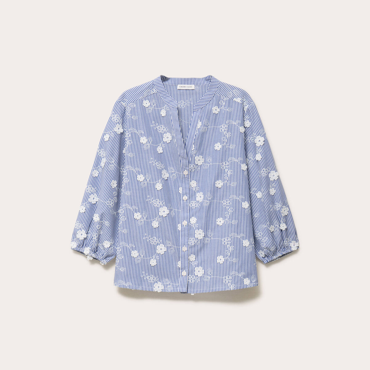 Blouse brod&eacute;e col mao manches 3/4 blanc femme