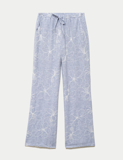 Pantalon large taille haute brod&eacute; bleu clair femme