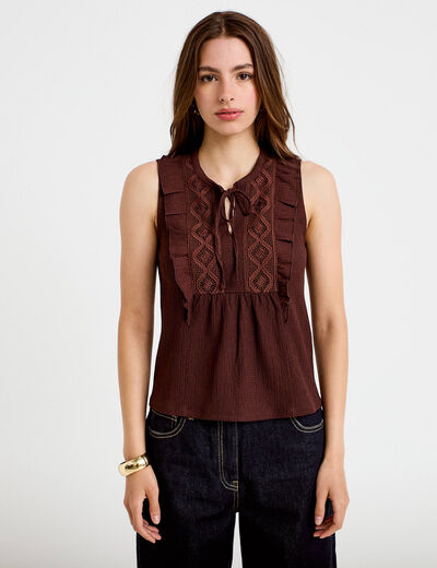 Blouse sans manches col v marron femme