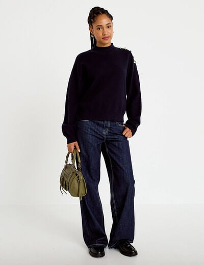 Pull col montant manches longues bleu marine femme