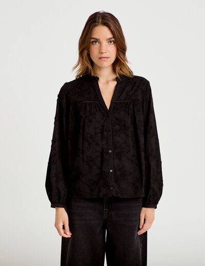 Blouse droite col rond manches longues noir femme