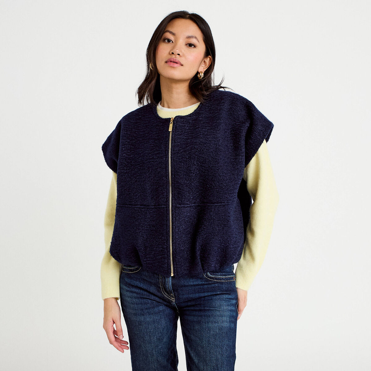 Veste oversize sans manches col rond bleu marine femme