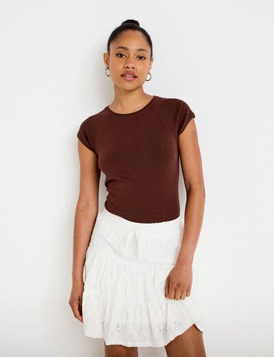 Jupe courte &eacute;vas&eacute;e en maille ecru femme