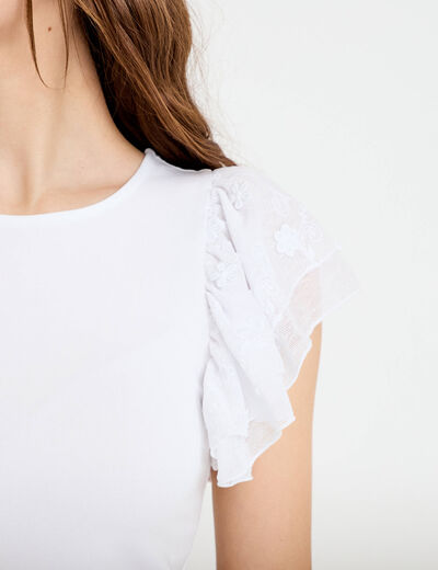 T-shirt ajust&eacute; dentelle col rond blanc femme