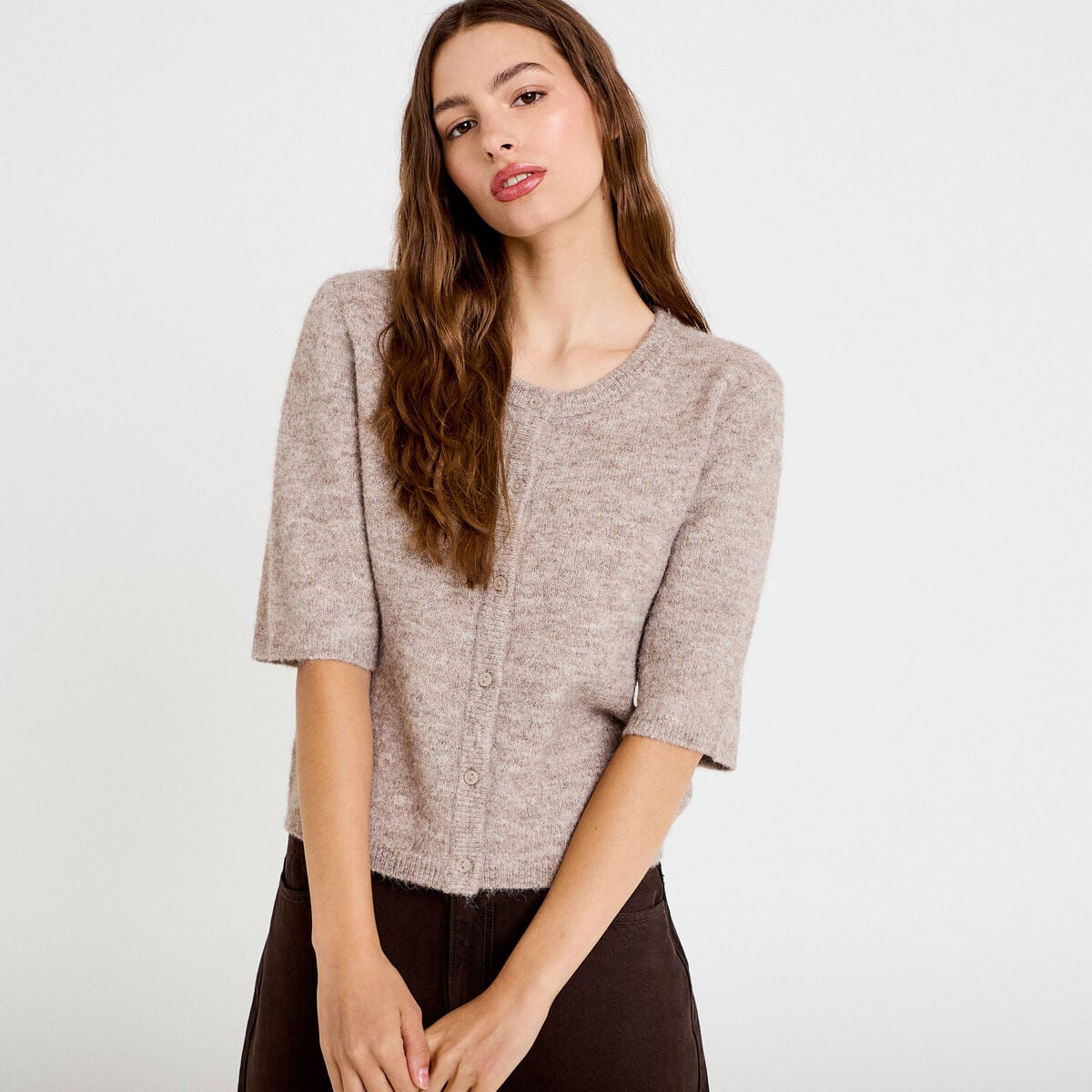 Gilet duveteux manches 3/4 taupe femme