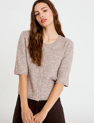 Gilet duveteux manches 3/4 taupe femme