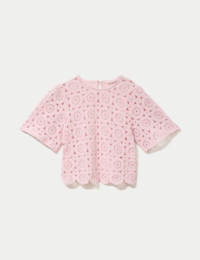 T-shirt macram&eacute; col rond rose clair femme