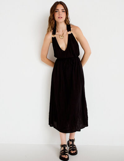 Robe longue droite fines bretelles col v noir femme