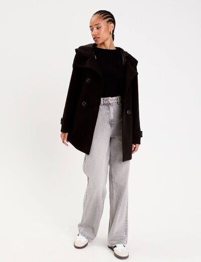 Manteau ajust&eacute; 3/4 &agrave; capuche noir femme