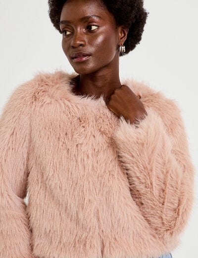 Veste droite fausse fourrure col rond rose poudr&eacute;e femme