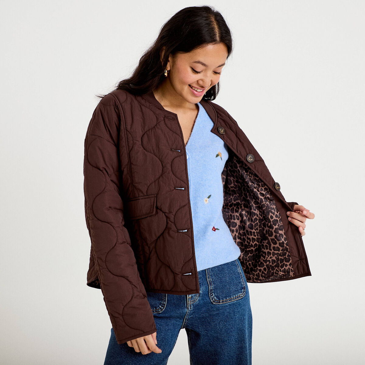 Veste ample manches longues marron fonc&eacute; femme