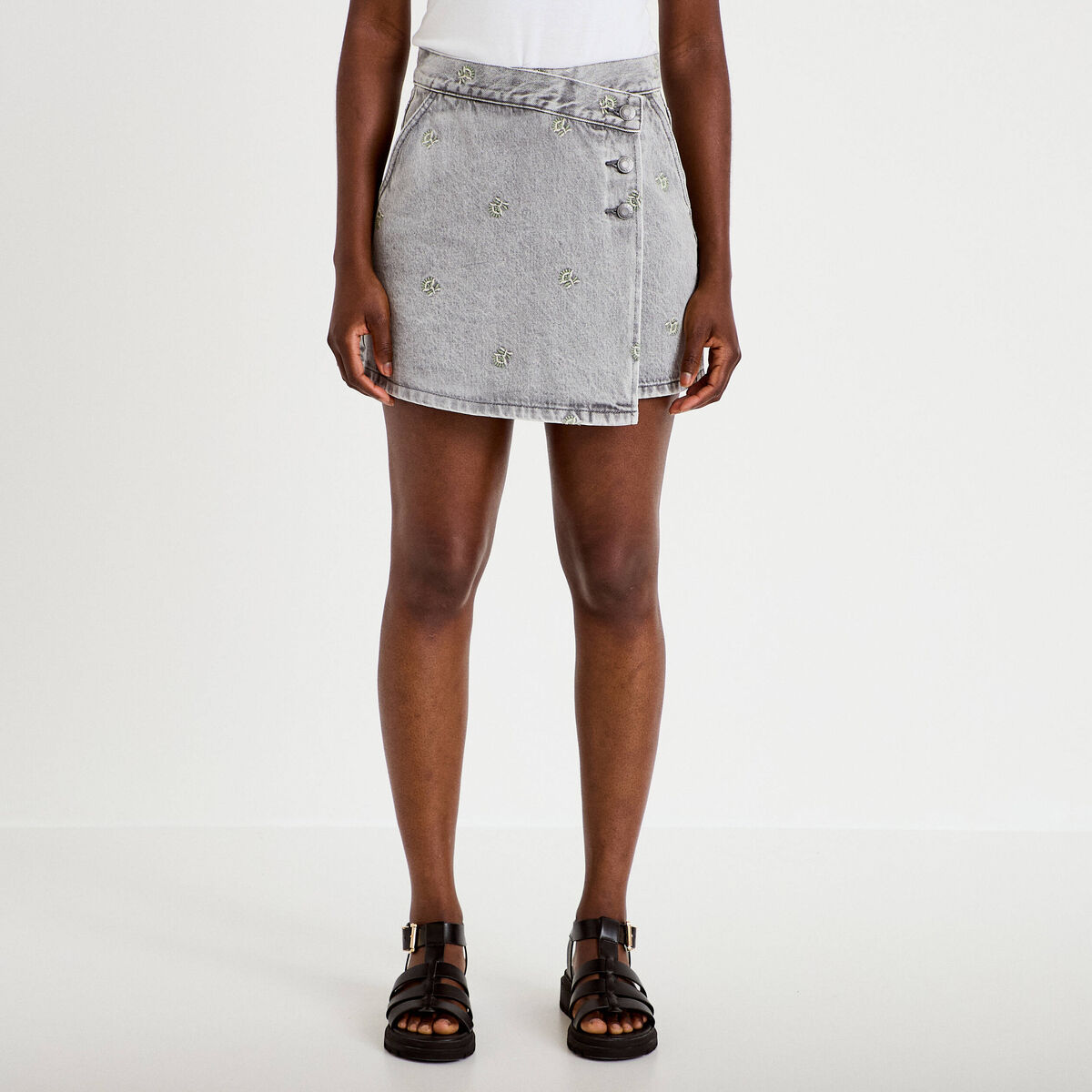 Jupe-short trap&egrave;ze courte taille haute denim gris femme