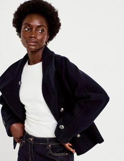 Caban droit col montant manches longues bleu marine femme