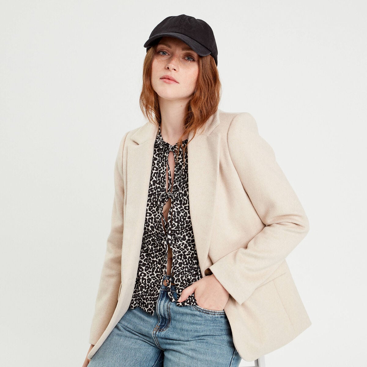 Veste blazer boutonn&eacute;e beige femme