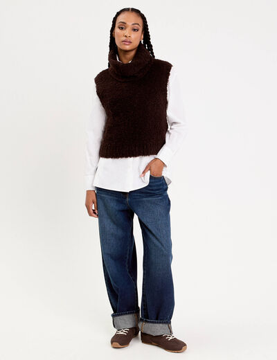 Pull 2-en-1 col amovible marron fonc&eacute; femme
