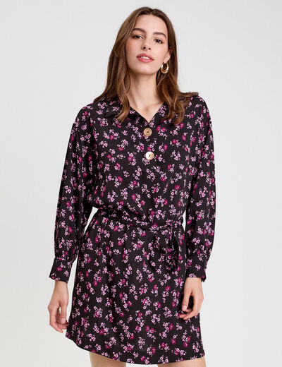 Robe courte droite col chemise noir femme